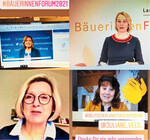 Erstmals fand das BäuerinnenForum in digitaler Form statt mit toller Resonanz. Akteure waren unter anderem (im Uhrzeigersinn): Bundeslandwirtschaftsministerin Julia Klöckner, dlv-Hauptgeschäftsführerin Daniela Ruhe, dlv-Vizepräsidentin Juliane Vees und dlv-Präsidentin Petra Bentkämper.
