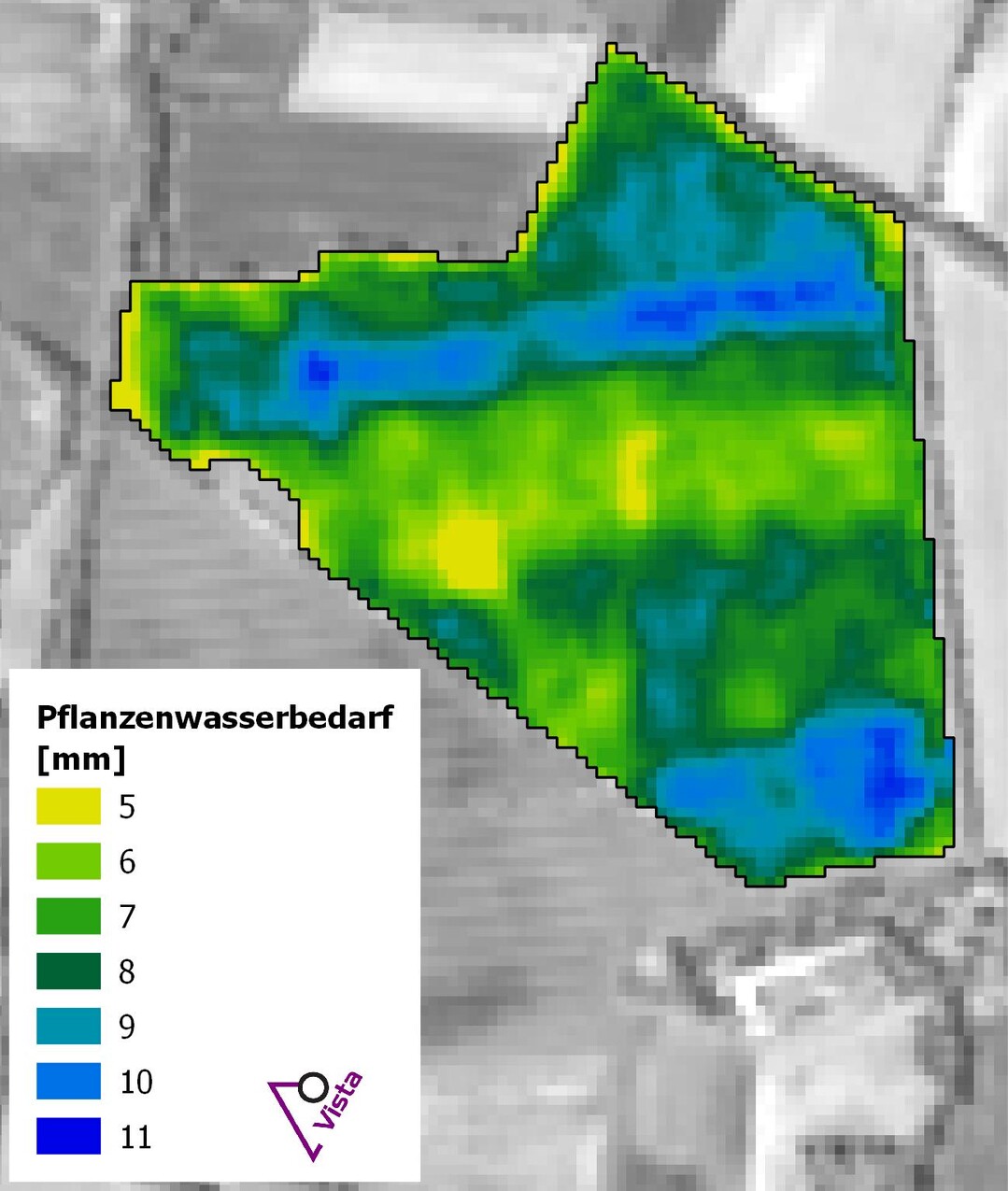 Die Applikationskarte visualisiert den aktuellen Wasserbedarf der einzelnen Teilflchen.