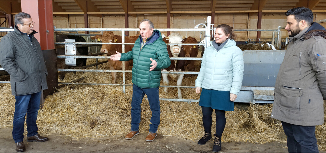 Auf dem landwirtschaftlichen Betrieb von Landwirt Heinrich Roser (2. v. l.) wurde jüngst der Startschuss für das ÖkoNetzBW gegeben. Mit dabei der Minister für Ernährung, Ländlichen Raum und Verbraucherschutz Peter Hauk, MdL, (l.) Pia Müller-Cyran, Projektkoordinatorin des ÖkoNetzBW und Christoph Zimmer, Geschäftsführer der Arbeitsgemeinschaft Ökologischer Landbau (r.).
