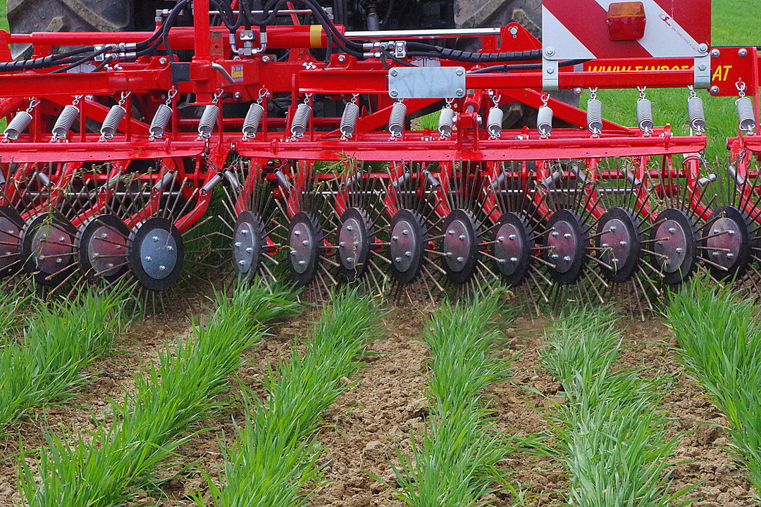 Rollstriegel Einböck Aerostar Rotation: Der Rollstriegel ist in Arbeitsbreiten bis zu zwölf Meter erhältlich. In dem Gerät sind 50 Zentimeter hohe Sternräder im Abstand von 15 Zentimeter angeordnet. Die Zinken haben 6,5 Millimeter Durchmesser. Federn pressen die einzeln aufgehängten Räder an den Boden an. Die Räder sollen den Boden zwischen den Reihen flächig abreiben.