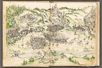 Weienauer Chronik (Blatt IX): Begegnung der Bauern mit den Bundestruppen (mit Truchsess) im Schussental zwischen Berg (im Vordergrund) und Weingarten (Mitte).