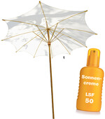 Beim Kauf eines Schirms sollte man auf das UV Standard 801 Label" achten, das anzeigt, dass der Stoff UV-Schutz bietet. Sonnencreme mit hohem Lichtschutzfaktor wählen.