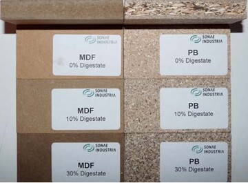 Laborversuche von MDF- und Spanplatten mit unterschiedlichen Anteilen von Grprodukten. Es wird deutlich, dass sich die Farbe der Span- und MDF-Platten mit zunehmendem Anteil an Grprodukten verdunkelt.