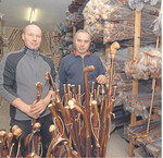 Rund 100 verschiedene Stockformen haben Michael Geyer (links) und Stockmachermeister Wilfried Brill im Lager. Vorne sind Naturwurzelstöcke zu sehen. Im Regal rechts vorne lagern Krankenstöcke, mit Derby- oder Fritzgriff zum guten Abstützen. Es gibt Wanderstöcke mit dem typischen Rundgriff, Marschierer und Jagdstöcke. Besondere Stücke mit elegantem Griff für Herren und Damen sind eine platzsparende Gehhilfe, bevor die Variante mit Reifen zum Zuge kommt. l Foto: Mühlhausen