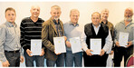 Kreisvorsitzender Ulrich Hauser (l.) dankte den langjährigen Ortsobmänner (v. l.) Reinhard Rühle, Gerd Philipp, Wilhelm Bachteler, Walter Schmierer, Michael Hopf und Albrecht Bolay.