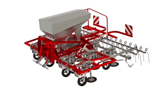 Unter den horizontal rotierenden Scheiben wird das Saatgut im Band abgelegt.