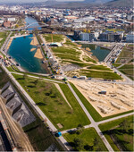 Das Luftbild vermittelt einen Eindruck von der Anlage der BUGA. Es entstand noch während der Bauzeit.