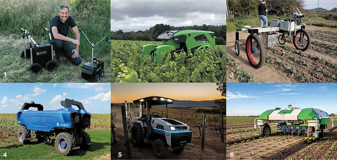 Der kleine Spritzroboter von Ambit. Der Trektor" fährt alternativ mit Batterie oder Diesel. Der mit Lichtstrahl arbeitende Unkrautvernichter Claws. Der für den Weinbau entwickelte blaue VitiBot. Der selbstlernende Monarch Tractor. Der noch sicherer gewordene Dino.