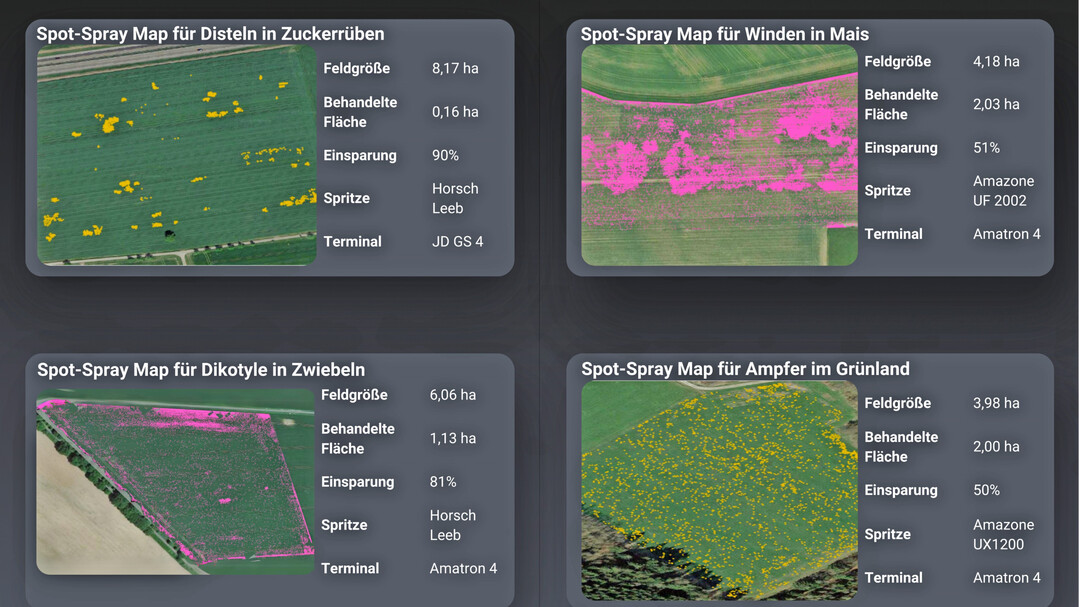 Spot-Spraying - Sammlung von Fallstudien zur Einsparung von Pflanzenschutzmitteln.
