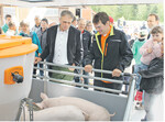 Betriebsleiter Andreas Roth (r.) und LBV-Vizepräsident Gerhard Glaser (l.) schauen wie zahlreiche Besucher nach dem Wohlbefinden der Ferkel im Schweinemobil. Die Tiere kamen aus dem Betrieb Rudolf Späh in Winterlingen-Benzigen.