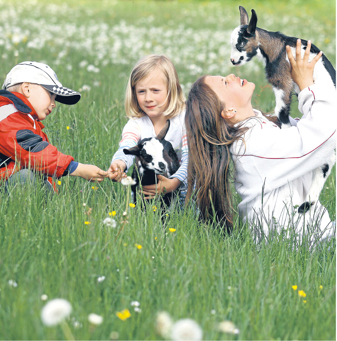 Raphael, Maja und Theresia haben auf einer Wiese bei Offingen im Landkreis Biberach viel Spaß mit zwei kleinen Ziegen.