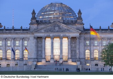 Blick vom Platz der Republik zum Westportal des Reichstagsgebudes whrend der Dmmerung.