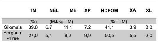 Tabelle 1: Futterwert von Sorghumhirse und Silomais im Ausgangsmaterial (noch nicht siliert).