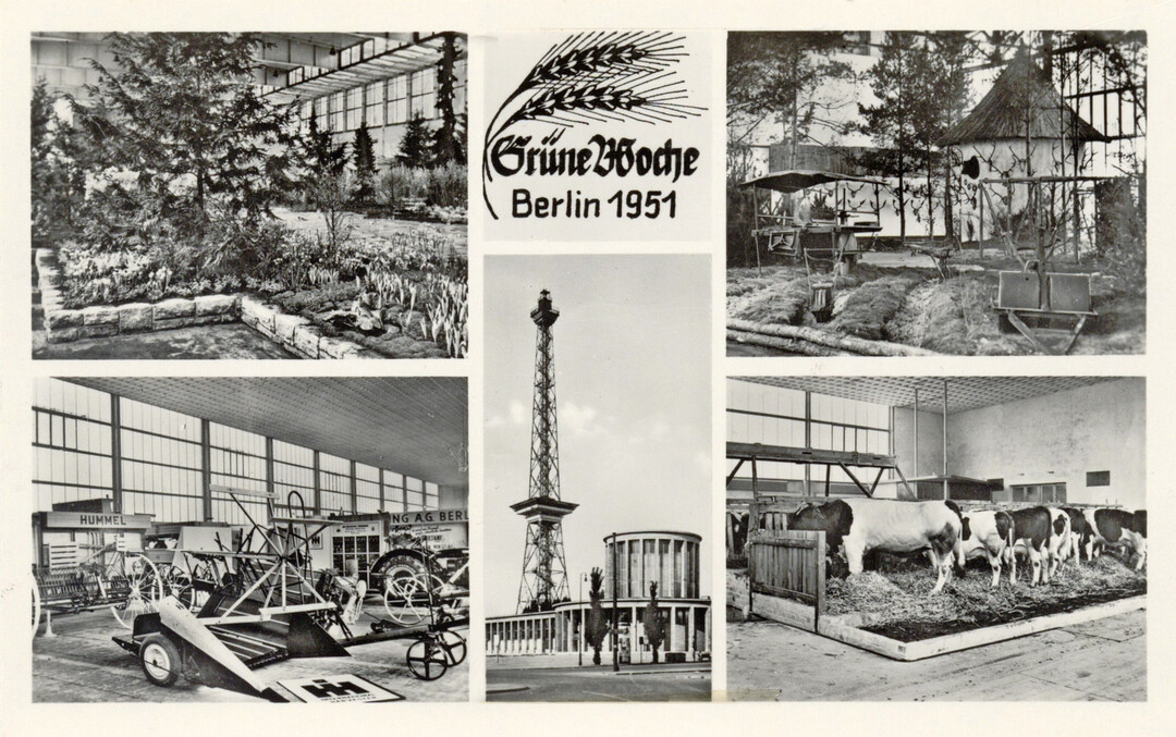 Erinnerungskarte von der Gr�nen Woche Berlin aus dem Jahr 1951. Zu sehen sind einige Attraktionen der Ausstellung, die mit 284 000 Besuchern einen Nachkriegsrekord vermelden konnte, wie die Baumhalle, deren Setzlinge sp�ter in den Sommergarten ausgepflanzt wurden.