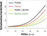 Baumart, -höhe und Sturmschadensrisiko Zusammenhänge zwischen Baumart, -höhe und Sturmschadensrisiko nach Schmidt, M., Hanewinkel, M., Kändler, G., Kublin, E.; Kohnle, U. Die Risikokurven gelten für stabile Standorte und sind berechnet für eine Windstärke, die der Stärke des Sturmes Lothar" in Lee des Nordschwarzwaldes entspricht.