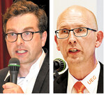 Philipp Beckhove (l.) und Matthias Frieß, Gastredner und Veranstalter der UEG-Hauptversammlung in der Alten Turnhalle im hohenlohischen Niederstetten.