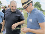 Landwirt Rolf Eckert aus Kleiningersheim (links) und Dr. Alexander Rosenberger von der Hamburger BayWa-Tochter Evergrain prüfen eine Sommergerstenähre der Sorte Planet.