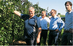 In der Zwetschgenanlage von Ingo Martin (l.) aus Meckenbeuren-Senglingen haben die Frostnächte im März und April Spuren hinterlassen. Beim Vor-Ort-Termin zur Schätzung des Schadens mit dabei waren die Vertreter der Vereinigten Hagelversicherung mit Hans-Ulrich Eppler von der Bezirksdirektion Stuttgart (2. v. l.), Vorstandsmitglied Thomas Gehrke aus Gießen und Dr. Philipp Schönbach von der Bezirksdirektion Nürnberg (r.).