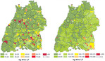 Stickstoffverteilung in Baden-Württemberg Abb.1 und Abb.2: Regionaler Anfall an anzurechnendem Stickstoff aus Gärresten pflanzlicher Herkunft auf Gemeindeebene in kg N/ha LF im Jahr 2011 (links) sowie regionaler Anfall an anzurechnendem Stickstoff aus Wirtschaftsdüngern tierischer Herkunft und Gärresten pflanzlicher Herkunft auf Gemeindeebene in kg N/ha LF im Jahr 2010 bzw. 2011 (rechts).