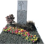 Nur eine Pflanzenart, trotzdem wirkt das Beet auf dem Urnengrab sommerlich bunt, dank der schönen Farben der Portulak-Röschen. Bodendecker ist die Rebhuhnbeere, ein Fächerahorn und Gräser bilden die Rahmenbepflanzung.