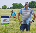 Neue Sorten wurden bei der Braugerstenrundfahrt im Juni im Kraichgau vorgestellt. Im Bild rechts Landwirt Hubert Braun auf einem Feld mit der Sorte Sting, die im zweiten Jahr im Berliner Programm steht.