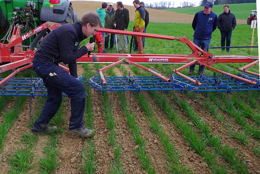 Striegel Hatzenbichler „Originalstriegel“: Das Gerät ist in zwölf Metern Arbeitsbreite auf dem Betrieb der Familie Weber im Einsatz und ist aus beweglich aufgehängten Striegelfeldern zusammengesetzt. Die Zinkenstärke reicht beim „Originalstriegel“ von sechs bis acht Millimeter, das Modell ist hydraulisch klappbar und wird bis 15 Meter Arbeitsbreite verkauft. Der Striegel wird von zwei Rädern geführt.