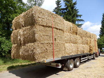 Bei Fahrten auf ffentlichen Wegen und Straen ist einiges zu beachten. Da die Ladung dieses Plattformwagens mit ausgezogener Ladesttze mehr als 1,0 m ber die Rckleuchten hinaussteht, muss die Ladung gekennzeichnet werden. Die Anzahl der Gurte ist nicht ausreichend.