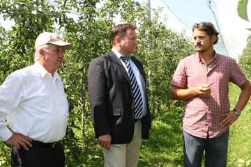 Auf dem Betrieb von Johannes Bentele (r.) in Tettnang-Wellmutsweiler informierte sich der SPD-Bundestagsabgeordnete Martin Gerster über den Einsatz von Saisonarbeitskräften im Obstbau. Über die Folgen des Mindestlohns klärte Helmut Jäger (l.) als Vorsitzender der Obstregion Bodensee auf.