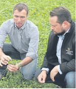 Betriebsleiter Güldenberg (l.) erläutert Minister Bonde die Trockenschäden in einem Kleegrasbestand.