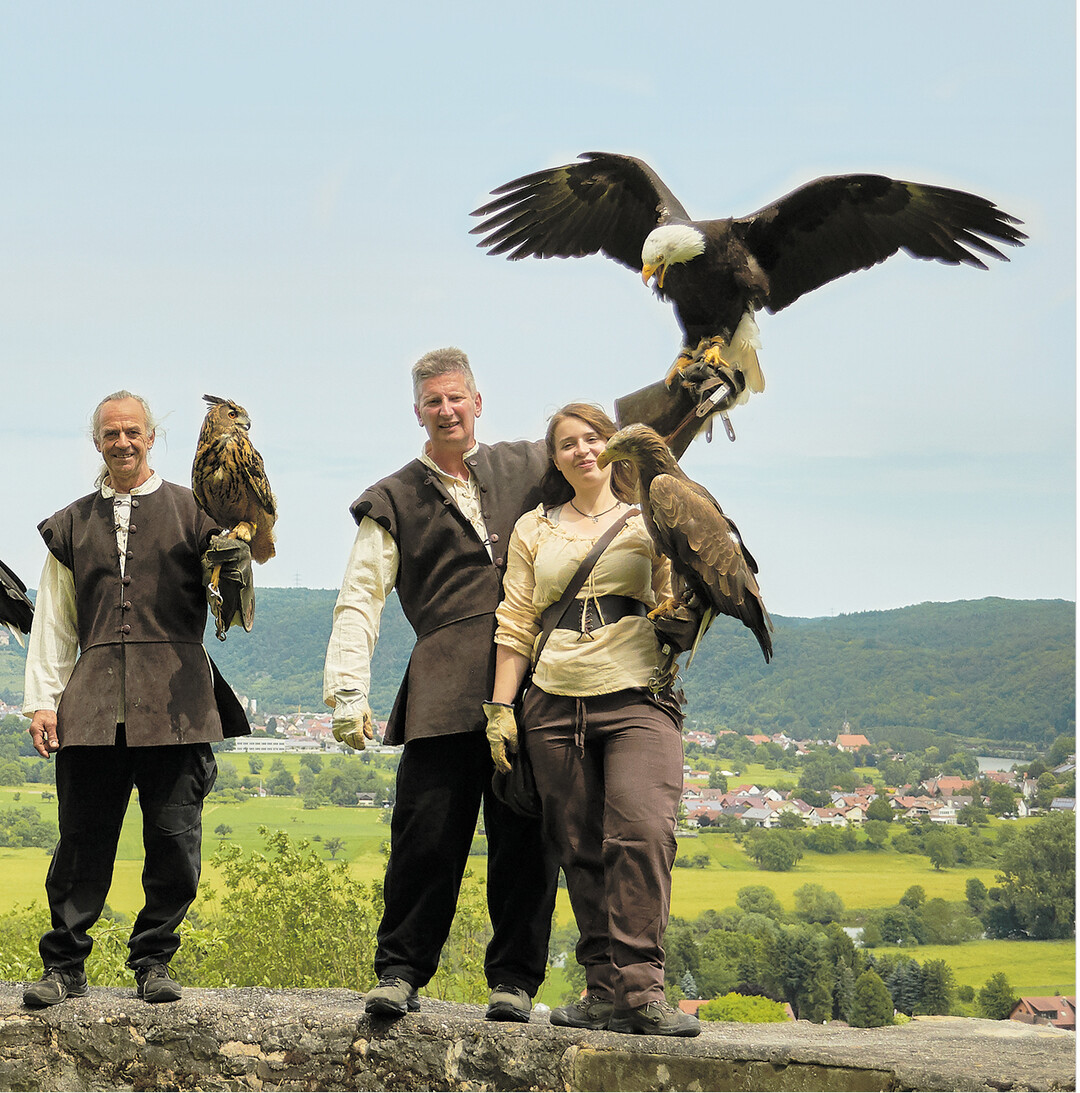 Burg Guttenberg, über dem Neckar in Haßmersheim, ist eine der ältesten Burgen in Deutschland. Hier können Sie Flugvorführungen der Greifvögel bewundern, im Burgmuseum das Leben auf der Ritterburg erkunden und in der Burgschenke deftige Rittermahle genießen, mehr unter www.burg-guttenberg.de.