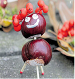 Ein paar Kastanien, in die Löcher gebohrt und Streichhölzer gesteckt werden und schon ist ein lustiges Tier entstanden. Beeren, Farbe und Glitzersteine setzen weitere Akzente.