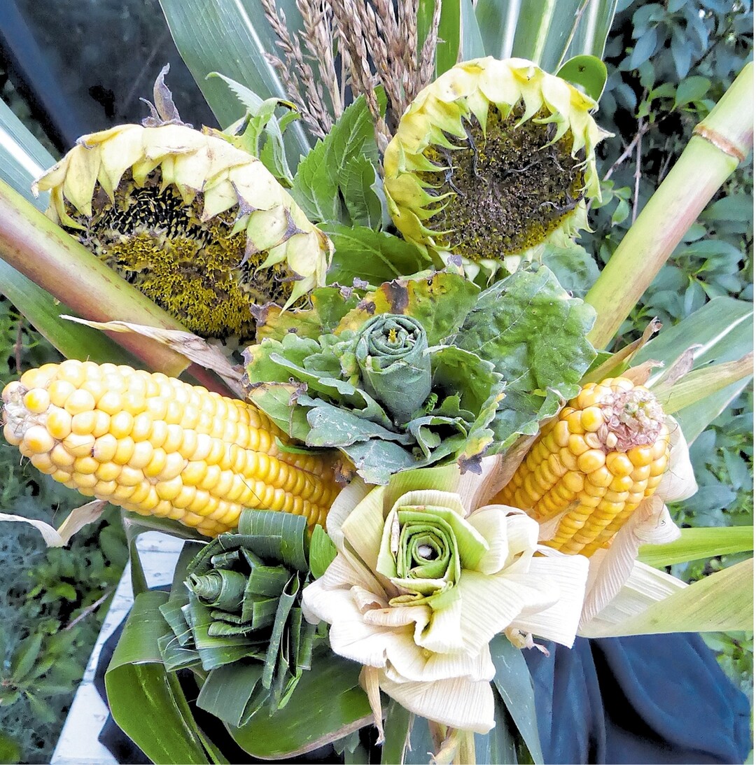 Beim Feldrundgang Anfang September hat Beate Keller aus Tübingen-Kilchberg Silomais und Ölsonnenblumen auf ihren Äckern gesammelt und zu Gestecken arrangiert. Aus den Blättern der Pflanzen gebunden sind ihre außergewöhnlichen Herbstrosen". Die Landwirtin bezeichnet das Ergebnis ihres Hobbys als Agrofloristik". Mehr Bilder zu Herbstrosen und anderen reizvollen Motiven unter www.kellers-oekohof.de / Galerie.