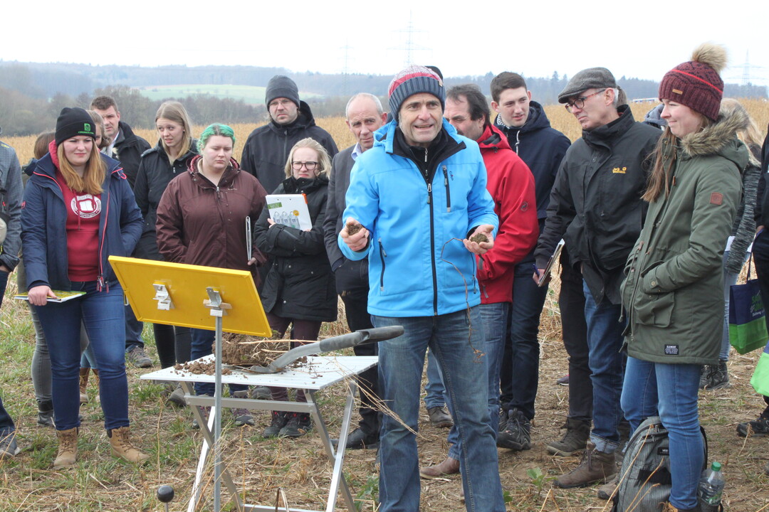"Senf gehört aufs Brot!" Rolf Kern erklärte, dass Senf in der Mischung zwar schnell und viel Biomasse bildet und daher viel Stickstoff bindet und den Boden gut beschattet, aber nicht förderlich für eine gute Bodenstruktur ist. Senf ist trotzdem in vielen Zwischenfruchtmischungen enthalten. Daher rät Kern, die angegeben Gewichtsprozente in Samenprozente umzurechnen, um zu vermeiden, dass der Senf auf dem Acker zu sehr dominiert. Des Weiteren müsse die Mischung an die klimatischen Gegebenheiten, die Kulturen und den Boden angepasst werden. Senf und Ölrettich sollten so spät wie möglich gesät werden, dass sie nicht in die Blüte gehen. Die vegetative Phase soll möglichst lang sein, denn nur dann werden Wurzelexsudate ausgeschieden, die wichtig für den Humusaufbau und das Bodenleben sind.