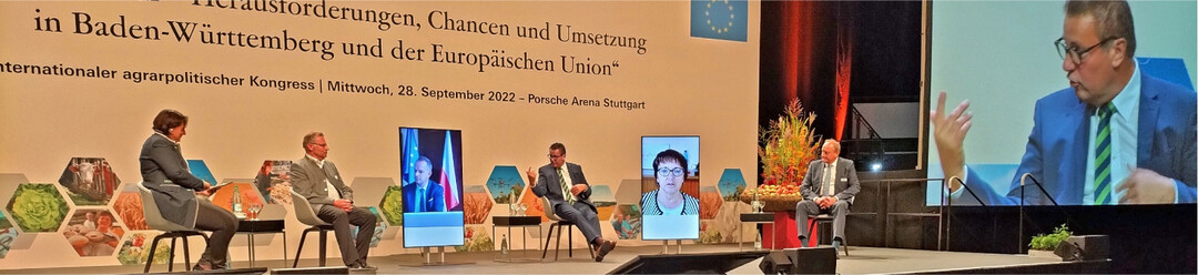 Disskussionsrunde unter der Leitung von MLR-Pressesprecherin Isabel Kling (links) mit v.l. Norbert Lins, MdEP; per Video zugeschaltet der tschechische Landwirtschaftsminister und Vorsitzende im EU-Agrarrat, Zdenek Nekula; Peter Hauk, Agrarminister Baden-Württemberg; aus Frankreich zugeschaltet Christiane Lambert, EU-Bauernpräsidentin (Copa) und Joachim Rukwied, DBV-Präsident.