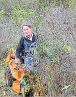 Meterhohes Gestrüpp in aufgelassenen Streuobstwiesen entfernt Luise Naderer mit ihrem Aufsitzmäher.