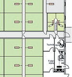 Genesungsabteil Das Genesungsabteil mit vier kleineren Buchten liegt zentral gelegen gegenüber dem Eingangsbereich mit Büro und Hygieneschleuse.