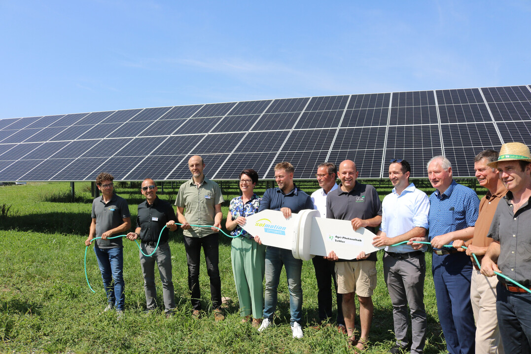 Gute Stimmung bei der offiziellen Erffnung der Agri-PV-Anlage in Schlier mit Agrarminister Peter Hauk (6.v.l.)