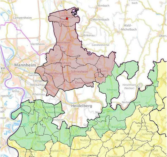 Rhein-Neckar-Kreis: Die infizierte Zone ist in dem als Anlage beigefügten Kartenausschnitt als rote Fläche dargestellt. Die Pufferzone ist als grüne Fläche dargestellt