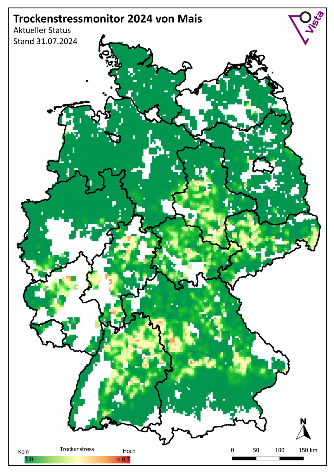 Trockenstresskarte fr Mais vom 31. Juli: Es ist viel mehr Grn erkennbar als drei Wochen spter.