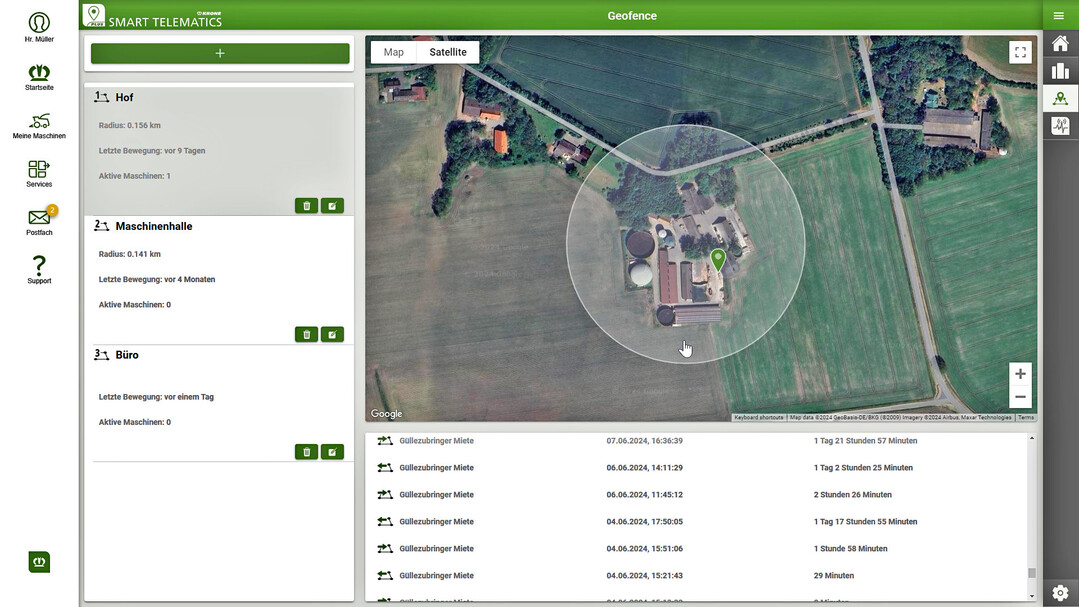 Alle Maschinen im Blick: Mit der Geofence-Funktion von Smart Telematics Plus werden automatisch die Zeiten fr Aus- und Eintritt erfasst.