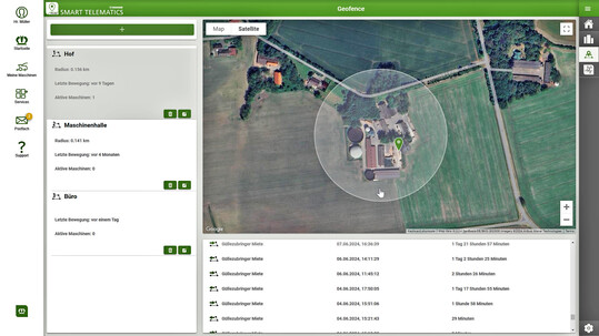 Alle Maschinen im Blick: Mit der Geofence-Funktion von Smart Telematics Plus werden automatisch die Zeiten fr Aus- und Eintritt erfasst.