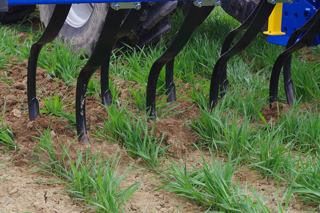 Hacke Treffler TH-Serie: Diese Hacke mit Federzahnzinken kann man an den serienmäßig montierten Front- oder Heckbock anhängen. Das Gerät läuft auf Rädern und ist in Arbeitsbreiten bis neun Meter erhältlich. Hackbar sind laut Hersteller Pflanzen bis zu einer Wachstumshöhe von 60 Zentimetern.