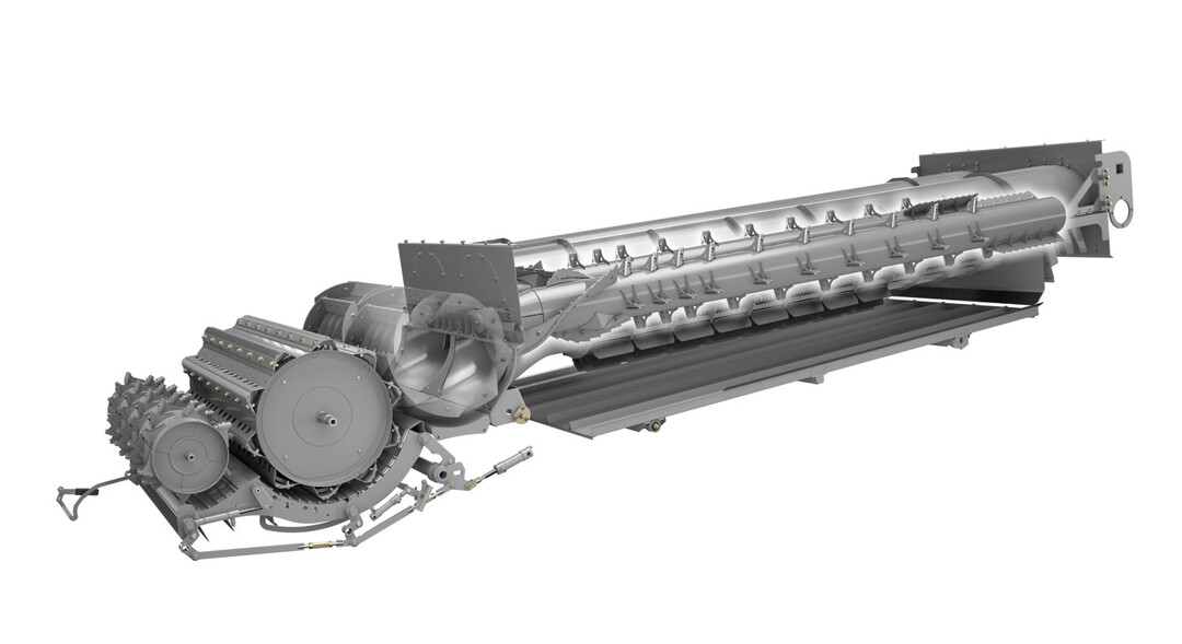 Das  APS Synflow Hybrid  setzt laut Claas das Erfolgskonzept der Kombination von tangentialem Dreschwerk mit Vorbeschleunigertrommel und axialer Restkornabscheidung fort. Der Durchmesser der Dreschtrommel mit 10 Schlagleisten steigt auf 755 mm. Es folgt eine neue, grere Zufhrtrommel mit 600 mm Durchmesser. 