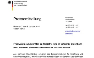 Dieses Schreiben ist echt! Das Bundesministerium fr Ernhrung und Landwirtschaft (BMEL) warnt vor fragwrdigen Zuschriften.