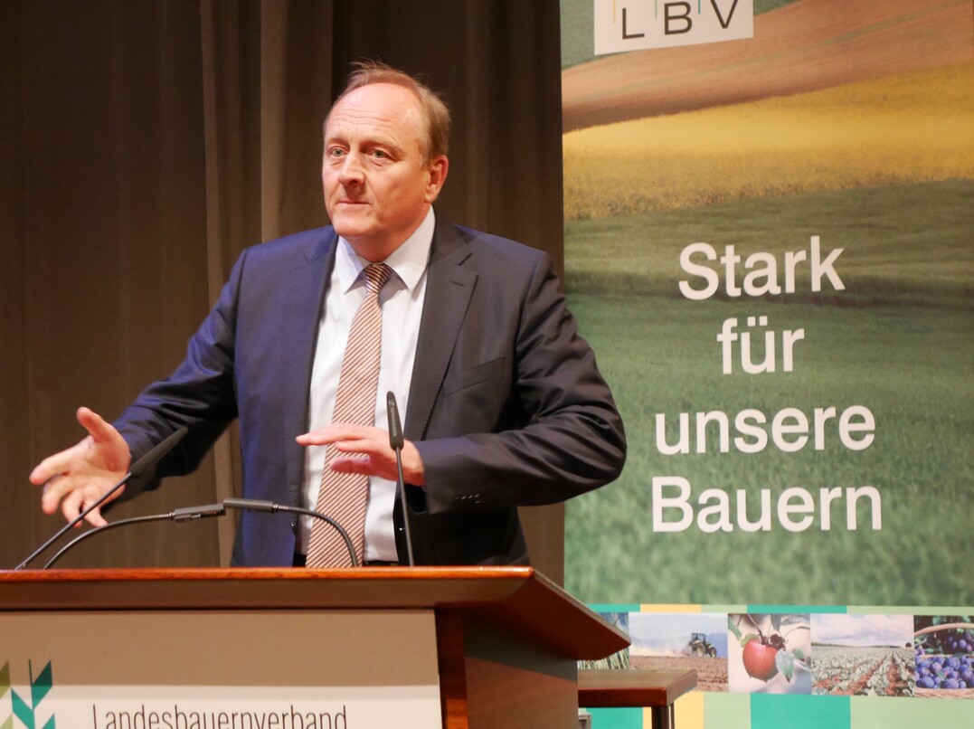 berzeugende Rede: Prsident Joachim Rukwied spricht bei der Mitgliederversammlung des Landesbauernverbandes (LBV) am 9. Juli 2015 in der Schwabenlandhalle in Fellbach zu den Delegierten und Gsten.