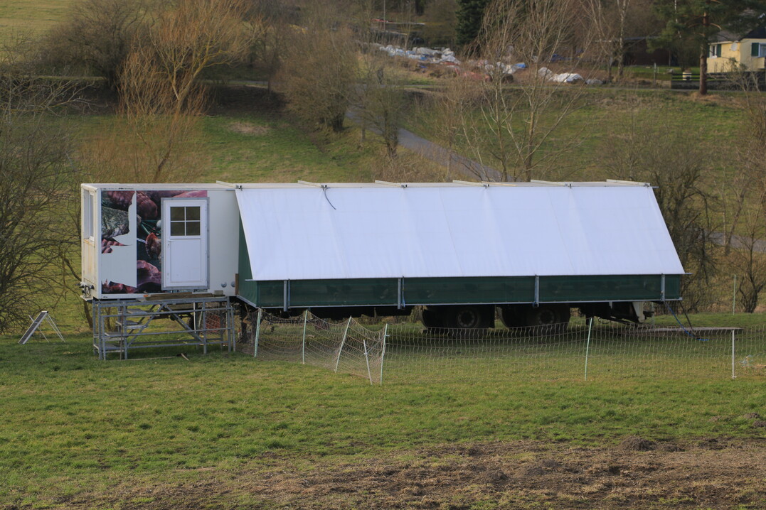 Hier wurde ein Auflieger genutzt und um einen Wintergarten erg�nzt. Die gro�e Grundfl�che bietet auch den Raum f�r eine Hygieneschleuse. Nachteil ist neben dem hohen Gewicht die ben�tigte Dolly-Achse. Ist diese nicht ohnehin vorhanden, lohnt eine Anschaffung extra f�r die H�hnerhaltung eigentlich nicht. Es sei denn, man plant eine Serienfertigung der St�lle.