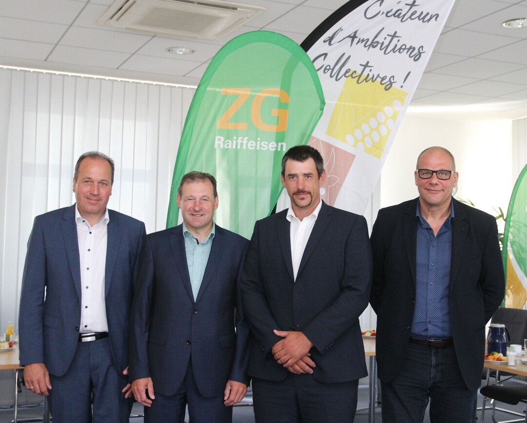 Neue Partner am Oberrhein, v. l.: ZG-Vorstand Lukas Roßhart, ZG-Vorstandsvorsitzender Dr. Ewald Glaser, CAC-Präsident Jean-Michel Habig und CAC-Generaldirektor Jean-Marc Schacherer.