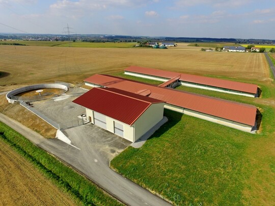 Der Stallkomplex ist in zwei lang gezogene Auenklimastlle unterteilt, die ber einen Versorgungsgang miteinander verbunden sind. Links davor befindet sich die Futter- und Strohhalle, dahinter die Gllegrube. An den Giebelseiten der beiden Stlle sind Wetterstationen installiert, die die Auentemperatur, Windstrke und -geschwindigkeit messen. Beruhend auf diesen Daten, wird die Stellung der Lftungsklappen an den Fenstern automatisiert den vorherrschenden Witterungsbedingungen angepasst. 