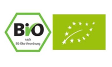 Das deutsche Bio-Siegel (links) wurde 2001 ins Leben gerufen. Es darf nur zustzlich zum EU-Bio-Logo (rechts) verwendet werden. 