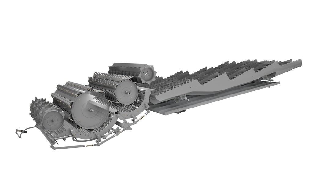 Claas kombiniert mit APS Synflow Walker die beiden Dresch- und Abscheidesysteme. Der bekannten Beschleunigertrommel folgt eine auf einen Durchmesser von 75,5 cm vergrerte Dreschtrommel. Anstelle der Wendetrommel trennt eine Abscheidetrommel mit 60 cm Durchmesser Restkorn vom Stroh und danach folgt die Wendetrommel. Trotz reduziertem Dreschkorbumschlingungswinkel erhht sich so die Dreschweglnge im Vergleich zum Vorgngermodell. Das Erntegut fliet somit gradliniger, kraftsparender und strohschonender. 